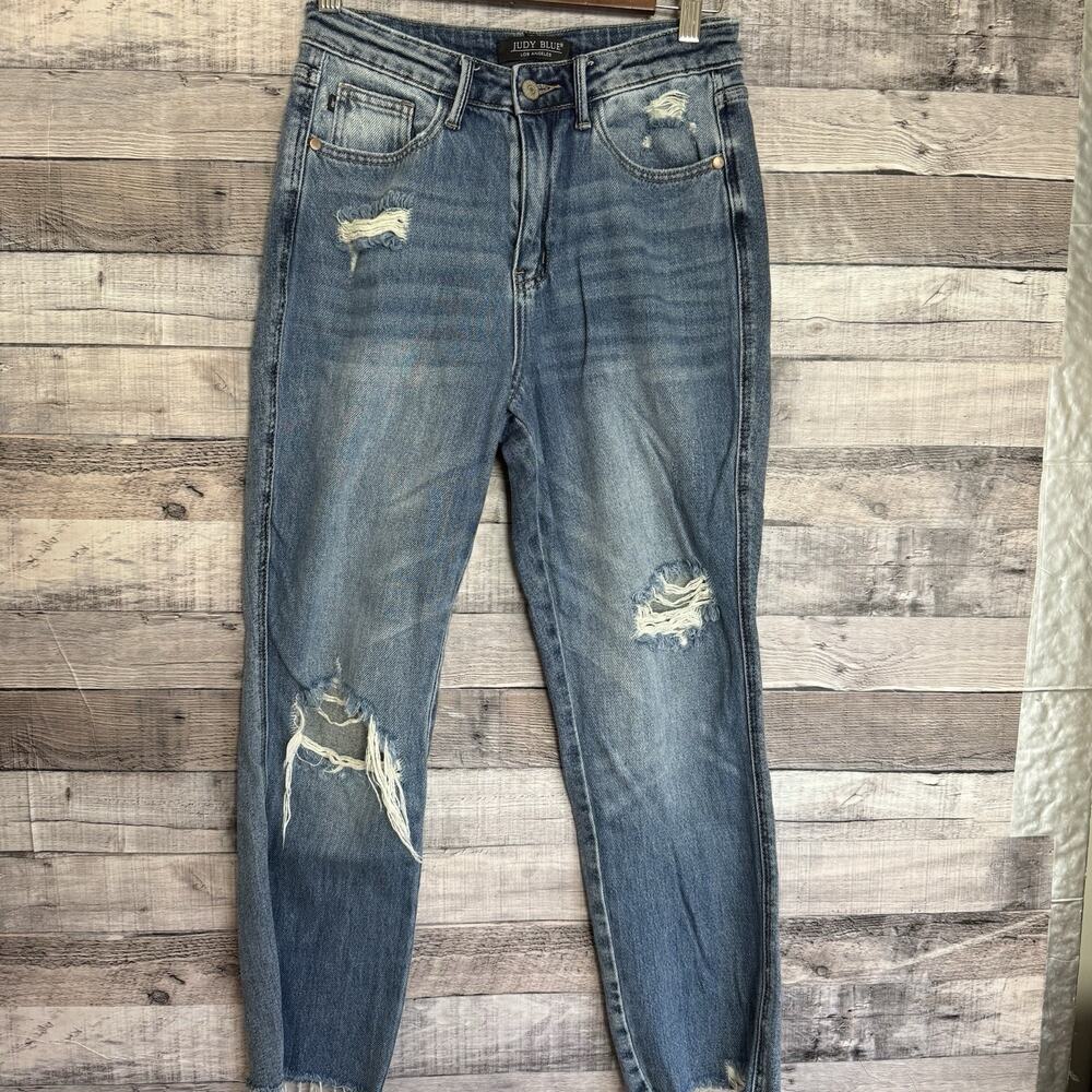 Judy Blue Women High Rise Skinny Distressed Raw Hem Jeans Med Wash JB88736 1/25